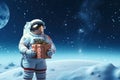 An astronaut holding a Christmas gift box on the moon, . Generative AI.