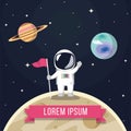Astronaut Holding Flag On Moon Premium Cartoon Vector Illustration. Space Science Concept Isolated. Royalty Free Stock Photo
