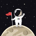 Astronaut Holding Flag On Moon Premium Cartoon Vector Illustration. Space Science Concept Isolated. Royalty Free Stock Photo
