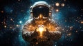 Astronaut holding glowing object in space universe Royalty Free Stock Photo