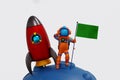 Astronaut holding green flag on the moon with rocket shuttle, space adventure discovery, 3D render Royalty Free Stock Photo