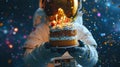 An astronaut holding in hands a birthday cake with candles. Event celebration