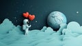 Astronaut holding heart-shaped balloons in space, overlooking Earth Royalty Free Stock Photo