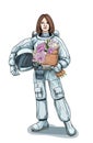 Astronaut holding the helmet and the lush bouquet