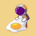 The astronaut is holding a large frying egg and ready to eat it with rice