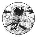 Astronaut holding a photo camera on alien planet, in style of black and white graphics. Vector illustration Royalty Free Stock Photo