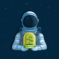 Astronaut holding plant on space, ecology plant care planet concept in cartoon illustration vector