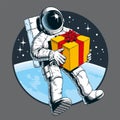Astronaut holding present box with gift ribbon bow in outer space, isolated. Birthday card or banner design concept. Vector illust