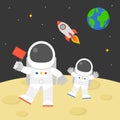 Astronaut holding red flag walking on moon surface with flying rocket in space and earth globe background Royalty Free Stock Photo