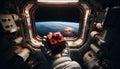 Astronaut Holding Red Gift Box in Space Station