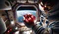 Astronaut Holding Red Gift Box in Space Station