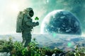 An astronaut holding a shamrock Patrick leaf on the moon, . Generative AI.