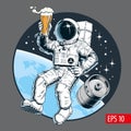 Astronaut holds a beer pint and beer keg in outer space. Vector illustration.