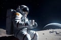 An astronaut holds a cup of coffee on the surface of the moon, Generative AI