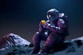 An astronaut holds a glass with a cocktail on the surface of the moon, Generative AI