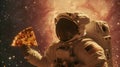 An astronaut holds a slice of cheese pizza with space as the backdrop