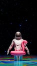 Astronaut with inflatable flamingo on foreign planet vertical composition 3d render