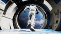 An astronaut jumps out of a spaceship into outer space. 3D Rendering.