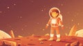 Astronaut kid on alien planet surface with red Mars landscape, crystals, rocky stones, many stars on the sky. Modern Royalty Free Stock Photo