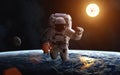 Astronaut. Landscape of Earth. Sun. Moon. Solar System. Elements of the image are furnished by NASA