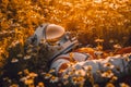 An astronaut laying down in the camomile field.AI generated Royalty Free Stock Photo