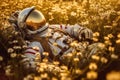 An astronaut laying down in the wildflowers field.AI generated Royalty Free Stock Photo