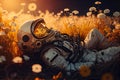 Astronaut lies in a field in nature, cosmonaut is resting in flowers, chill generative ai design