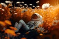 Astronaut lies in a field in nature, cosmonaut is resting in flowers, chill generative ai design