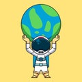 Astronaut lifting planet earth, cute cartoon icon illustration