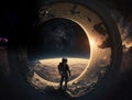 Astronaut looking down to earth and contemplating the abyss and universe. Representation of overview effect Royalty Free Stock Photo