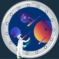 Astronaut looks out the window. The theme of space travel. In minimalist style Cartoon flat raster Royalty Free Stock Photo