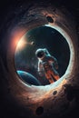 An astronaut looks at the splace with planets from the window porthole