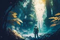 Astronaut lost in awe near broken spaceship in deep tropical foggy wet jungle. Generative Ai