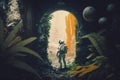 Astronaut lost in awe near broken spaceship in deep tropical foggy wet jungle. Generative Ai