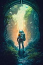 Astronaut lost in awe near broken spaceship in deep tropical foggy wet jungle. Generative Ai