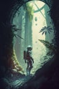 Astronaut lost in awe near broken spaceship in deep tropical foggy wet jungle. Generative Ai