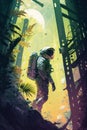 Astronaut lost in awe near broken spaceship in deep tropical foggy wet jungle. Generative Ai