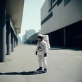 Astronaut lost on the empty street in urban environment, generative ai