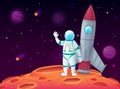Astronaut in lunar surface. Rocket spaceship, space planet and outerspace travel spacecraft vector cartoon illustration Royalty Free Stock Photo
