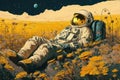 Astronaut is lying down on the meadow. Abstract picture in the style of post-impressionism. Generative AI