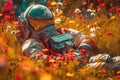 Astronaut lying in flower field. Created with Generative AI