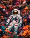 Astronaut lying in flowers