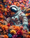 Astronaut lying in flowers