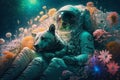 An astronaut lying on flowers with dog generative AI