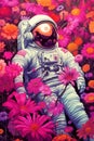 Astronaut lying in meadow of pink dahlia flowers illustration AI Generated