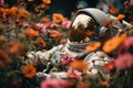 Astronaut lying in a summer flower field. Generative AI
