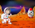 Astronaut Man in Red White Suit With Rocket in Mars Planet Surface Cartoon