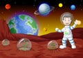 Astronaut Man In White Blue Suit Uniform In Mars Surface With Others Planets in Background Cartoon
