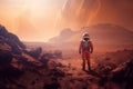 Astronaut mars looking rocky ground. Generate Ai