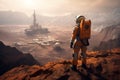 Astronaut mars looking rocky ground scenery. Generate Ai